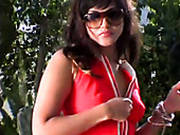 Awesome Brunette In Sunglasses Sunny Leone Strips And Poses Nude Outdoors
