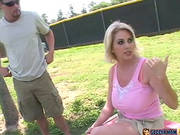 Blondie With Huge Melons Is Jumping On A Fat Dagger