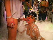 Soapy Hot Slim Gals Take A Chance To Suck Tasty Dicks For Gooey Cum At Party