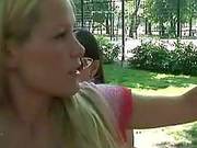 Blonde Sophie Moone With Brunette Eve Angel In The Park