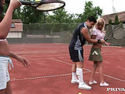 Curly Oriental Brunette Asia Devil Plays Tennis With Her Blonde Girl