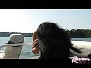 Elegant Sweetie Raven Riley In Short Black Dress Having A Sexy Boat Trip On The Lake.