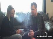 Marie Madison Sits On Her Leather Couch Smoking W