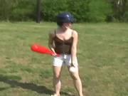 Cute 18yo Teen Kitty Playing Baseball Outdoors