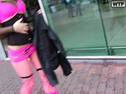 Shameless Goth Bitch Exposes Her Ass In Pink Pantyhose On Public