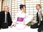 Rinka Kanzaki Wearing Japanese National Gown Serves Two Guys