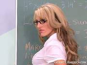 Four Eyed Teacher Sarah Jessie Is Sitting On The Table And Fucking The Stud�s Rod