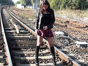 Dirty Black Haired Teen Is Gonna Show Hard Solo On Rail Track