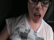 Brunette With Glasses Gets Facial In Cab