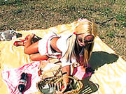 Kinky Blonde Shemale With Big Boobs Is Sucking Fat Sausage At The Picnic